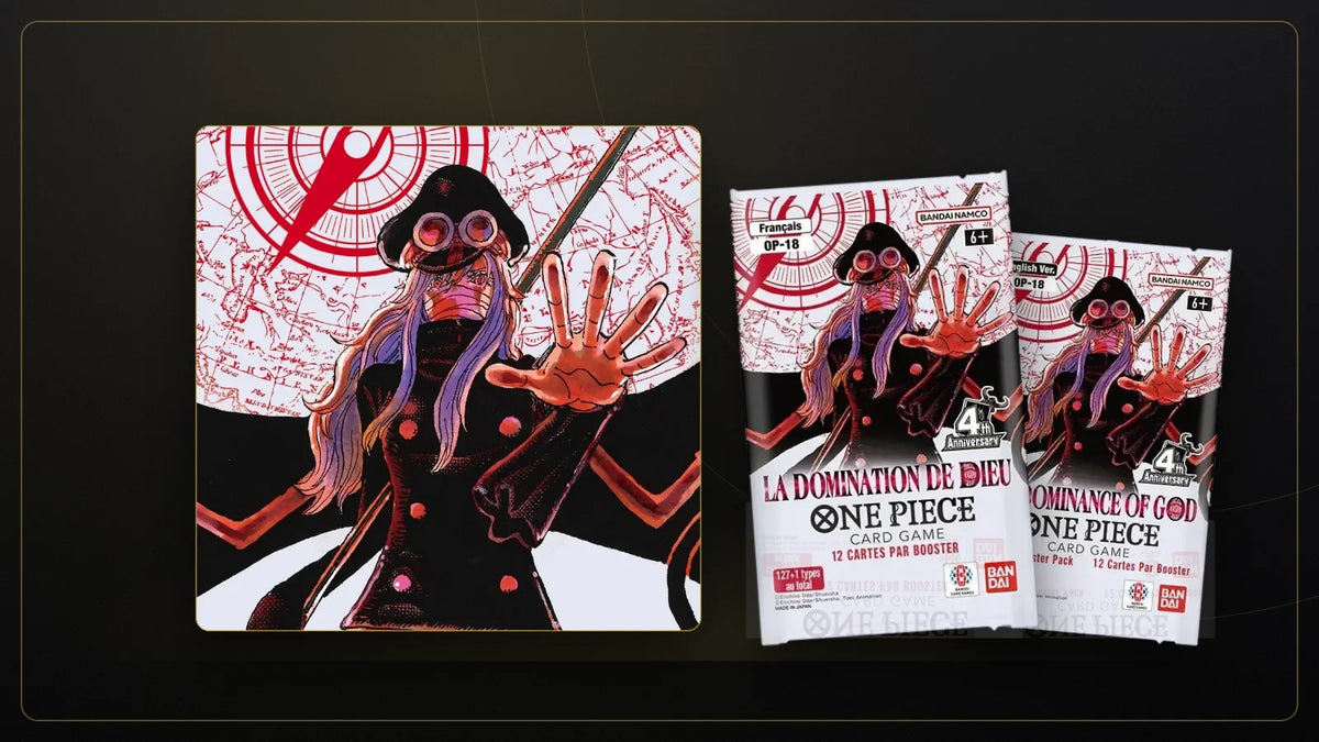 Visuel officiel de l’extension One Piece OP-18 et boosters La Domination de Dieu (FR) et The Dominance of God (EN)