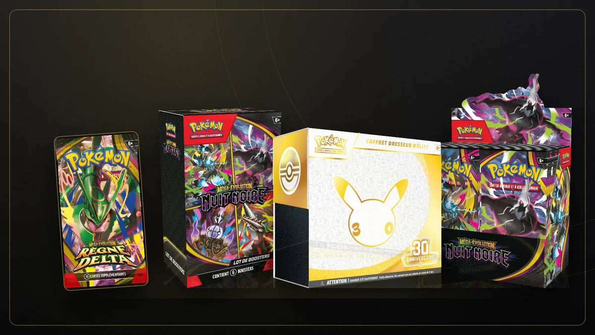 Quatre formats Pokémon côte à côte : booster, lot de boosters, Coffret Dresseur d’élite et display 36 boosters