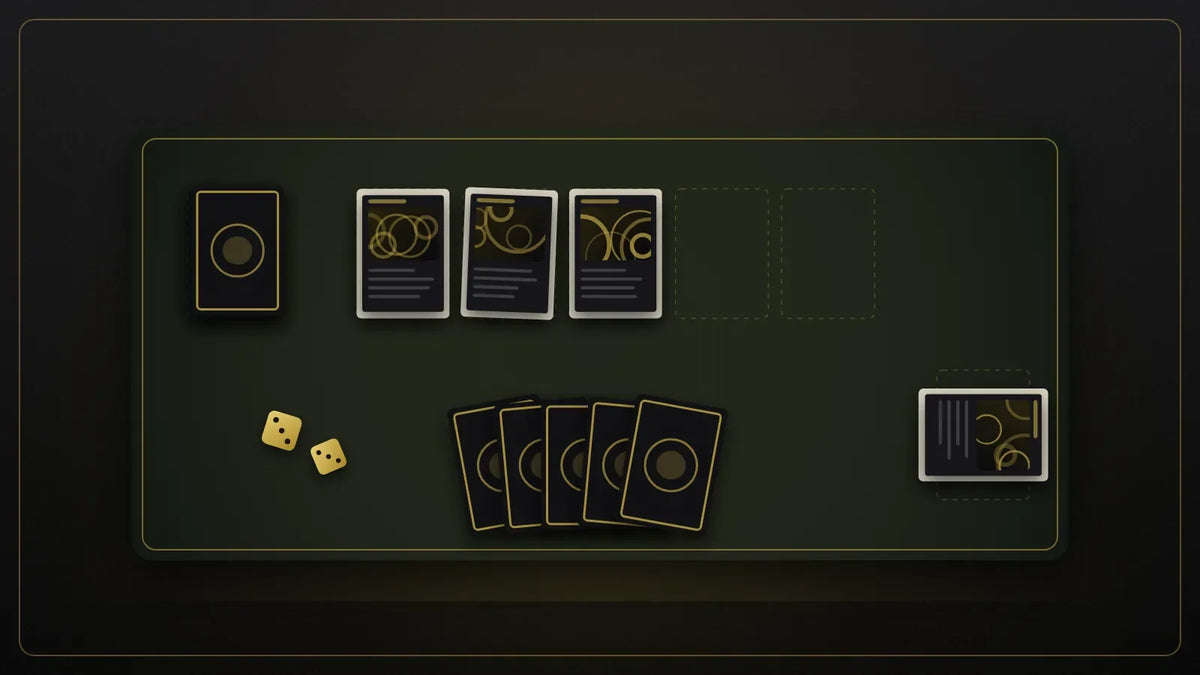 Illustration d’une table de jeu de tournoi : tapis, zones de jeu, cartes et dés