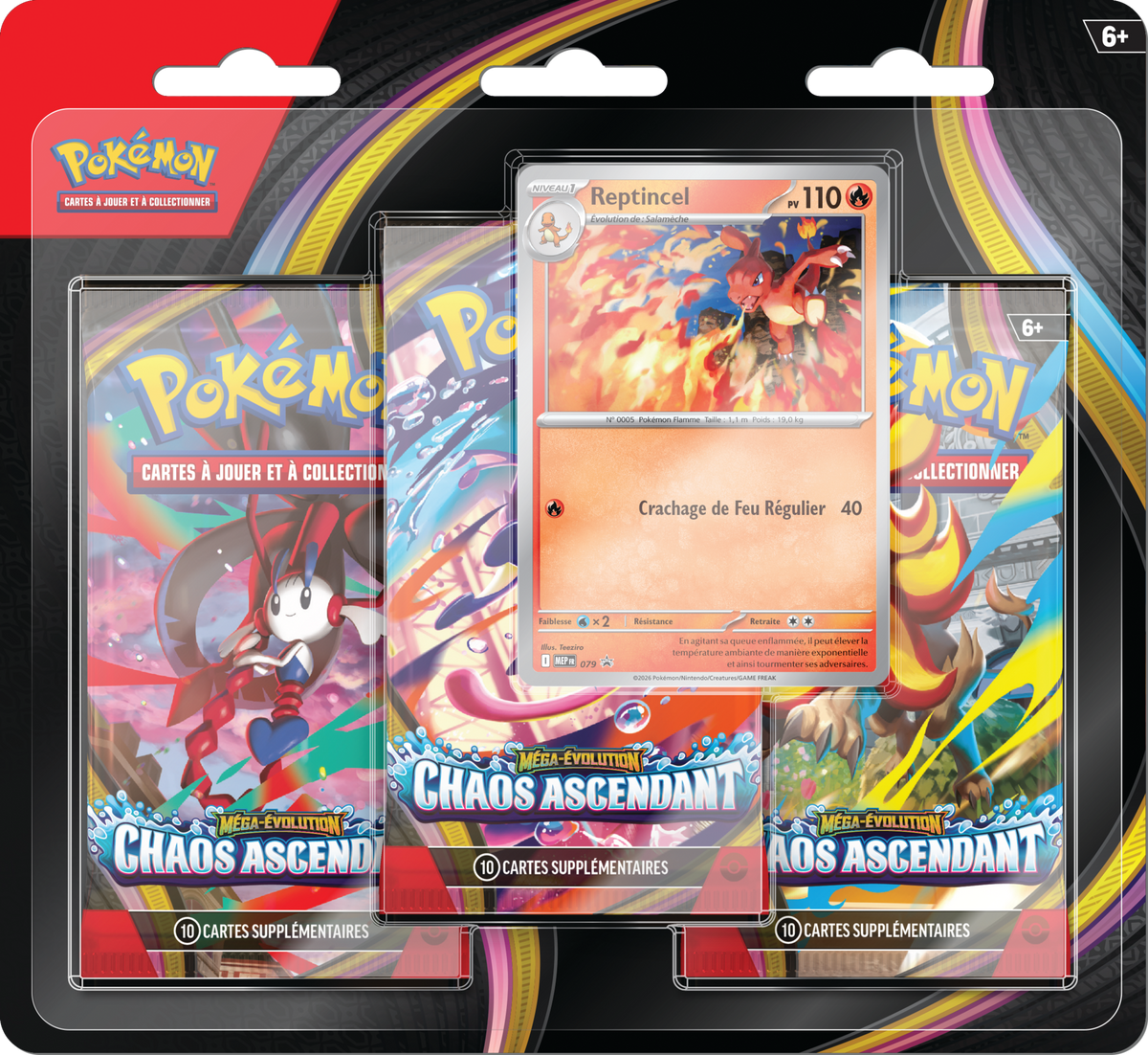 Blister 3 boosters Pokémon Méga-Évolution Chaos Ascendant (ME04) avec carte promo – version française