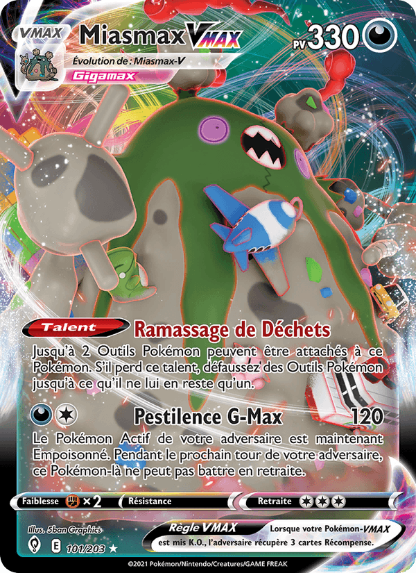 Carte Pokémon Miasmax VMAX (Garbodor VMAX) EVC 101/203 – version française